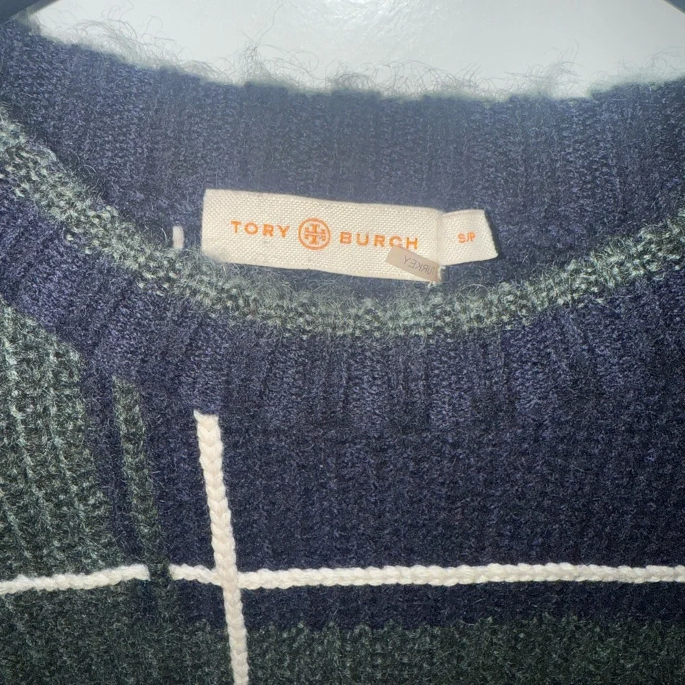 Tory Burch Eden plaid green and blue wool‎ blend Fuzzy Yarn-Trim Plaid Sweater
